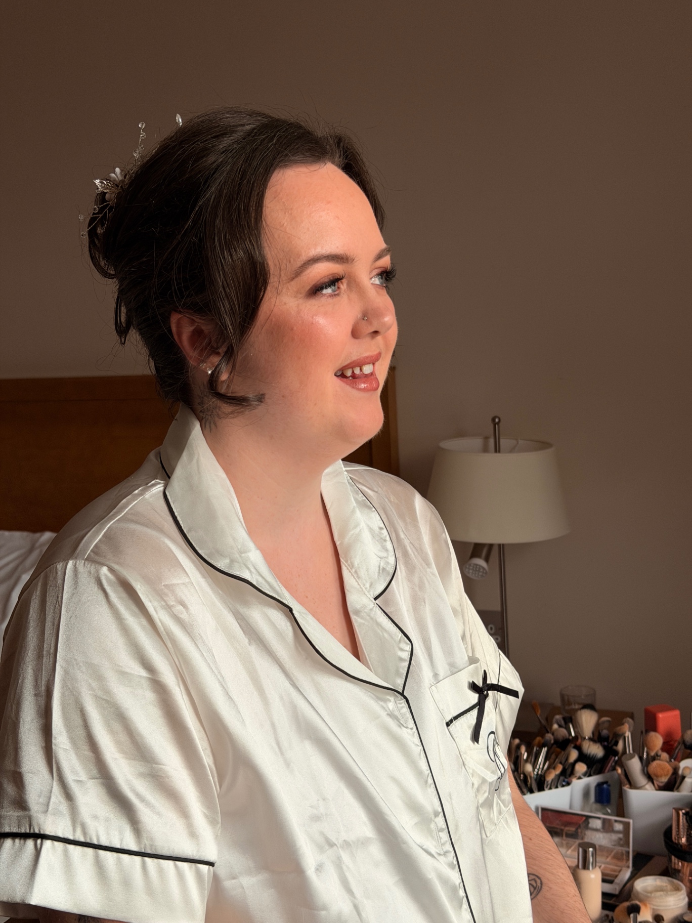 Lynda in her bridal robe during morning prep