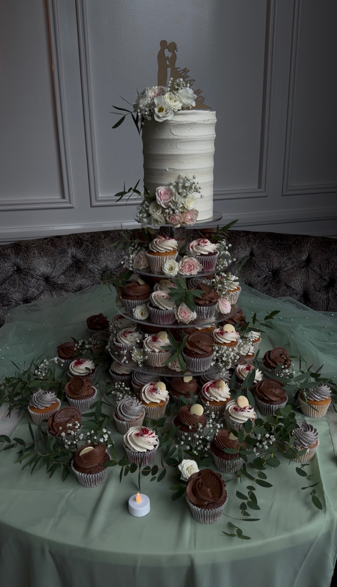 A tower of cupcakes and a small wedding cake at The River Lee